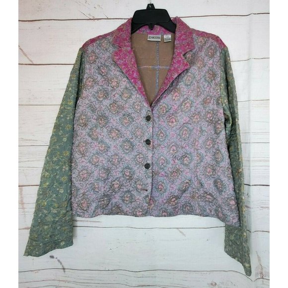 Rare Chicos %100 Silk Lining Violet Purple Multicolored Floral Sewn Women Blazer - Picture 1 of 10